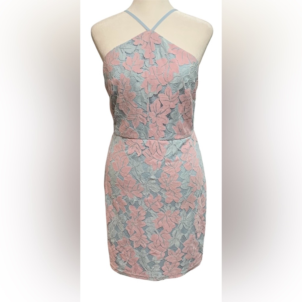 Lulu’s Light Blue and Pink Lace Mini Dress